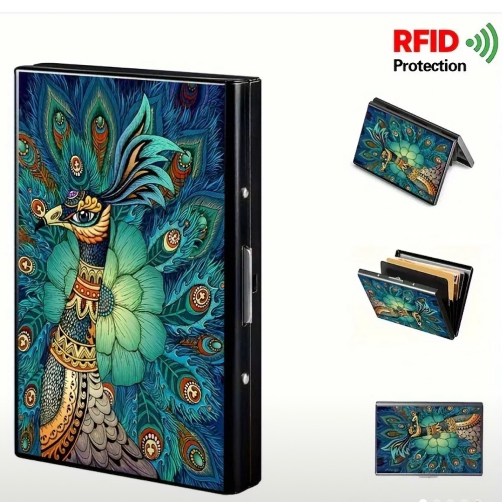 Boho Peacock Design RFID Metal Wallet Card Holder Case